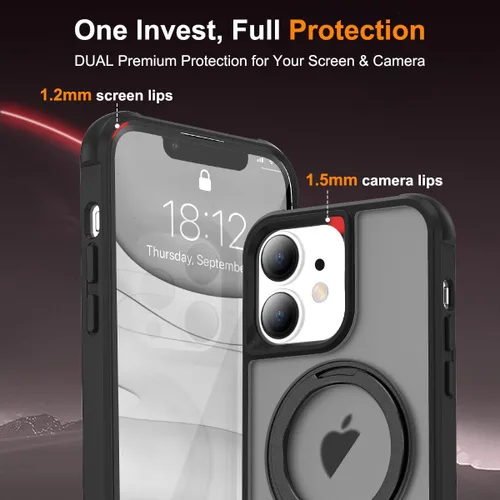 Vista 7 de Funda para iPhone 11 de 6.1 pulgadas con soporte de anillo magnético giratorio de 360°, compatible con MagSafe ligera y translúcida mate, funda