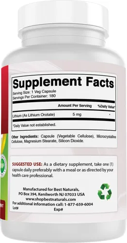 Vista 6 de Best Naturals Orotato de litio 5 mg 180 cápsulas - Sin OMG - Sin gluten