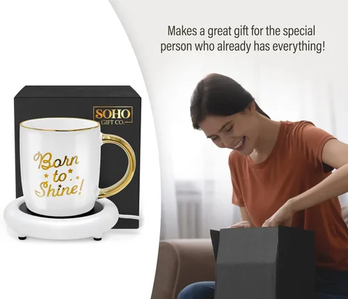 Vista 8 de Taza de café con calentador, taza eléctrica motivacional para amantes del café, regalos para cumpleaños/Navidad, 12oz Born to Shine (caja de regalo)