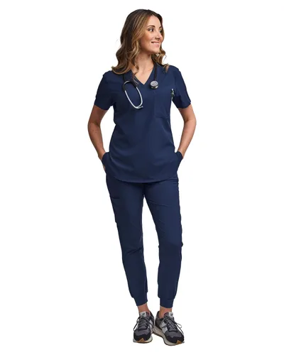 Vista 6 de Green Town - Conjunto de ropa quirúrgica para mujer, pantalón jogger y blusa con cuello en V, 5 bolsillos, banda de yoga, uniforme de enfermería