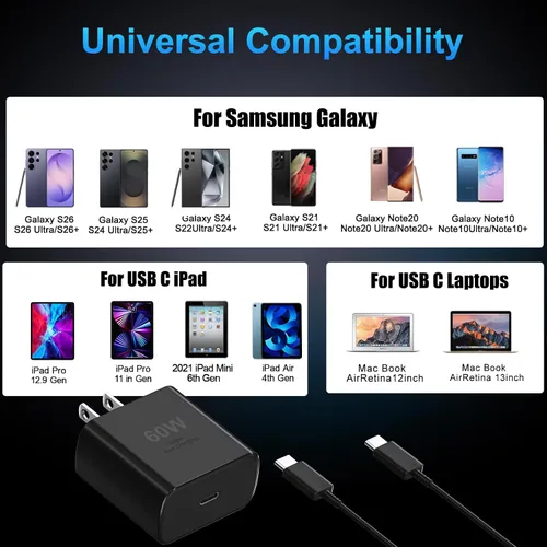 Vista 6 de 60W Super Fast Charger USB C, Type C Android Phone Charger Fast Charging Negro