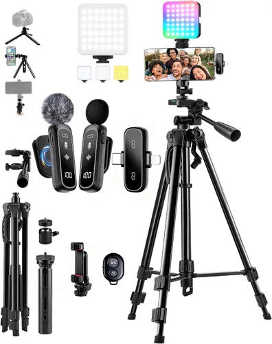 Vista 10 de Kit de vlogging para iPhone/Android, kit de inicio de TikTok YouTube para grabación de video con micrófono inalámbrico, adaptador de micrófono
