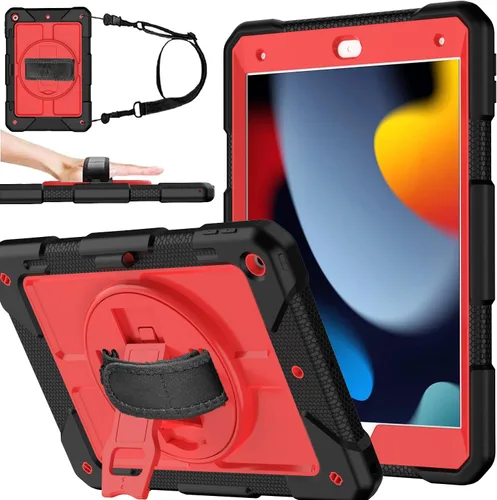 Vista 10 de BMOUO Funda para iPad de 9ª/8ª/7ª generación de 10.2", a prueba de golpes con soporte giratorio de 360°, correa de hombro y mano, funda para iPad