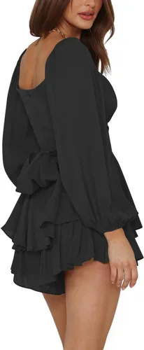 Vista 3 de LYANER Mono de Mujer de Manga Farol Larga con Volantes en Capas y Lazo Mini Corto Romper