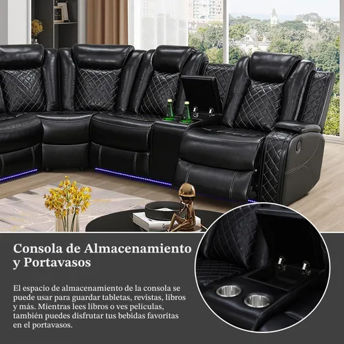 Vista 4 de Sofá Seccional Reclinable Eléctrico, Sofá Modular Seccional Reclinable de Cuero Negro, Sofá de Cuero en Forma de L con Luces LED/Cargador