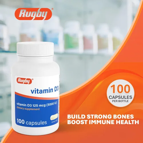 Vista 2 de Rugby Vitamina D3 5,000 UI (125 mcg) - Suplemento dietético de vitamina D para huesos, dientes e inmunidad, 100 cápsulas