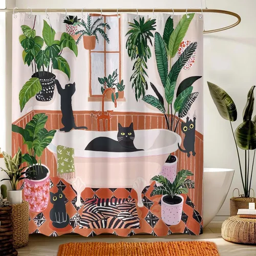 Vista 2 de Divertida cortina de ducha con diseño de gatos negros, estilo bohemio, bonita, divertida, para baño, gatito, verde, hojas tropicales, beige, marrón