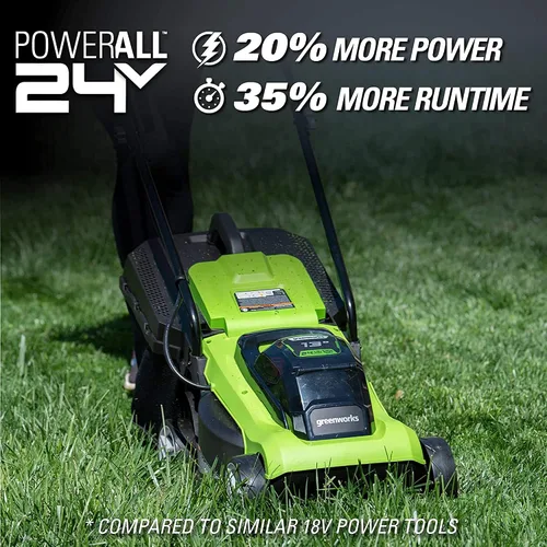 Vista 4 de Greenworks - Cortacésped inalámbrico de 24 V y 13 pulgadas (2 en 1), batería USB de 4.0 Ah (multipuerto USB) y cargador MO24B410 incluido