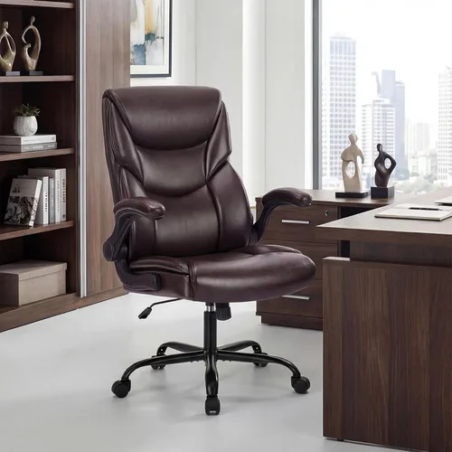 Vista 9 de OLIXIS Silla de escritorio de cuero PU, silla de oficina ergonómica, reposabrazos abatibles Negro