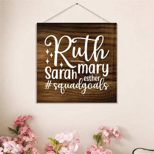 Vista 4 de Ruth Mary Sarah Esther Squadgoals - Letrero de madera con versículo de la Biblia, placa de madera religiosa, cristiana, Dios Jesús, placa rústica