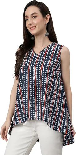 Vista 5 de Janasya Camiseta india de algodón azul marino con estampado geométrico para mujer