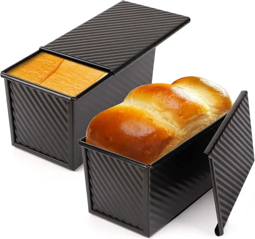 Vista 16 de Beasea Pullman - Molde para pan con tapa, paquete de 2 moldes pequeños antiadherentes para pan de 0.5 lb, acero al carbono, mini caja para pan Negro