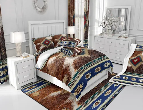 Vista 6 de jejeloiu Juego de ropa de cama azteca, tamaño King, estampado de piel de vaca occidental, funda de edredón 100% algodón para niños, funda de edredón