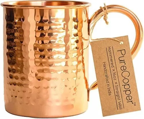 Vista 2 de Taza hecha a mano de cobre grueso puro, acabado martillado atemporal, interior de cobre crudo, mango remachado auténtico y fuerte, capacidad para 12