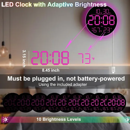 Vista 5 de QINFIEY Reloj de pared LED de 10 pulgadas con luz ambiental RGB, atenuación automática, pantalla de color/hora/fecha/temperatura/humedad, alarma
