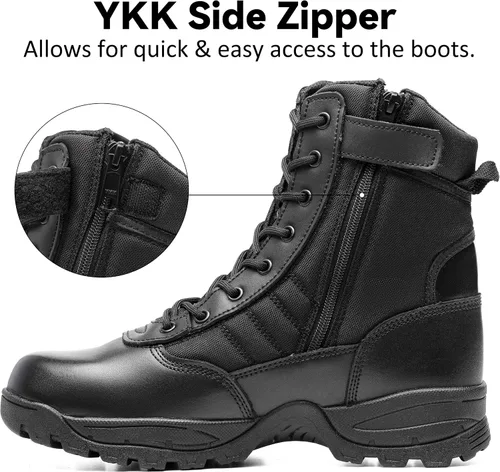 Vista 3 de Botas tácticas para hombre, 8 pulgadas, cremallera lateral, botas militares de combate de cuero, botas de trabajo para hombres, policía, motocicleta