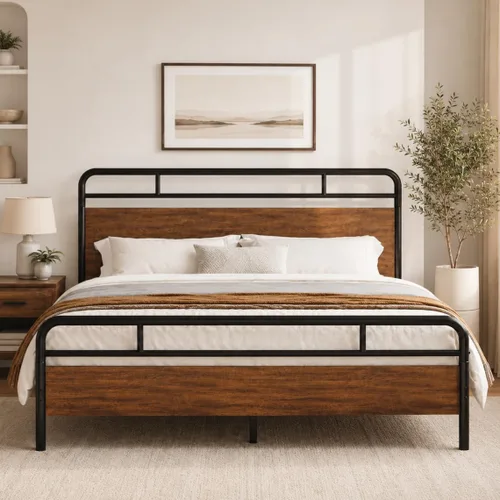 Vista 9 de Allewie Base de cama de plataforma de tamaño completo con cabecera y pie de cama de madera, soporte de 13 listones de metal resistente Roble negro