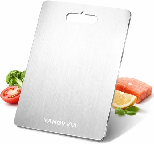 Vista 8 de Juego de 3 tablas de cortar de acero inoxidable de grado alimenticio 316L, tabla de cortar de doble cara para cocina, superficie de trabajo apta