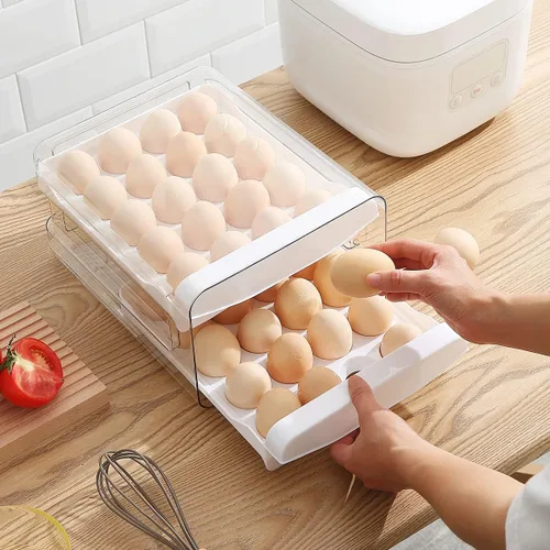 Vista 4 de HOMQUEN Soporte para huevos, plástico transparente, bandeja para huevos de 2 capas/40 rejillas y caja de almacenamiento fresca para refrigerador