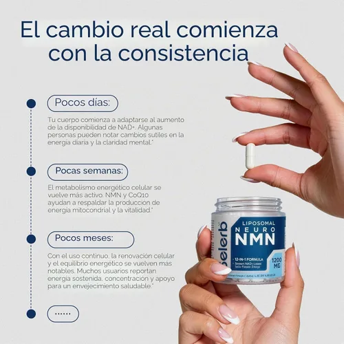 Vista 9 de Selerb Suplemento NMN NMN neuroliposomal con resveratrol, TMG, Quercetina, CoQ10, Rhodiola, NAC, Astaxantina y Magnesio NAD+ Precursor apoya