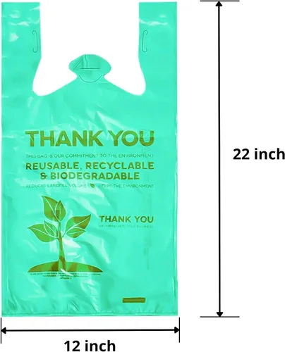 Vista 2 de Paquete de 50 bolsas de camiseta con asas de 22 x 12 pulgadas, bolsas de plástico biodegradable verde para compras, bolsas de agradecimiento