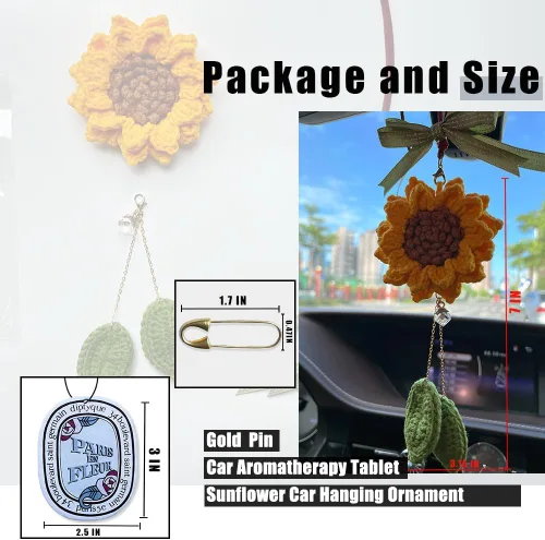 Vista 3 de Accesorios de girasol para automóvil, bonitos accesorios para automóvil, hechos a mano, de punto, espejo retrovisor, adorno colgante para tus