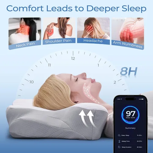 Vista 6 de BDEUS Almohada cervical cervical para dormir, almohada ergonómica de espuma viscoelástica con nodos de masaje para aliviar el dolor de cuello Blanco