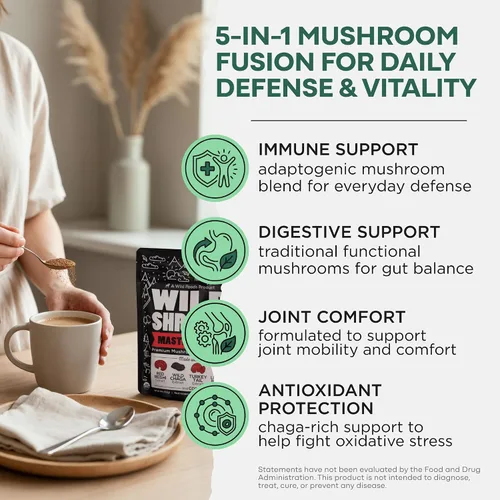 Vista 2 de Wild Foods Mezcla de hongos salvajes Reishi, Chaga, Cordyceps, cola de pavo y melena de león - Paquete de 4 onzas - Reductor de estrés adaptogénico