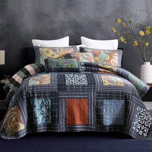 Vista 13 de NEWLAKE Juego de colchas tamaño queen, conjunto de colcha de algodón con diseño de retazos en colores azul y negro con patrones a cuadros, colcha