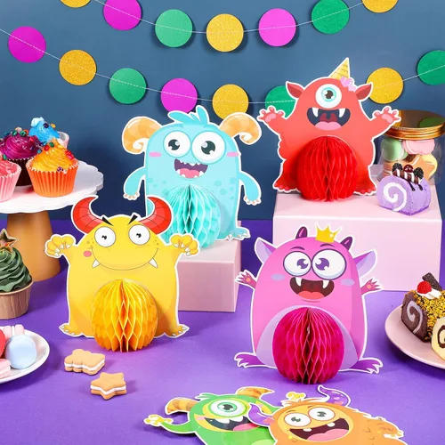 Vista 4 de 9 juegos de centros de mesa de monstruo de panal de abeja para fiestas de cumpleaños, decoración de mesa de cumpleaños con temática de monstruos