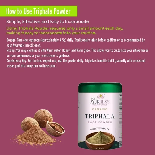 Vista 5 de Polvo de trifala 100% orgánico, mezcla ayurvédica con polvo Amla y Haritaki, y Bibhitaki para la salud intestinal, salud digestiva, desintoxicación