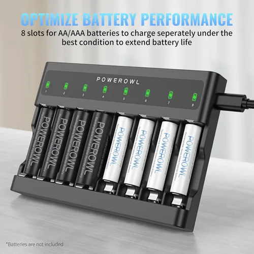 Vista 3 de POWEROWL Baterías AAA recargables de alta capacidad PRO con cargador de batería AA AAA 8 bahía