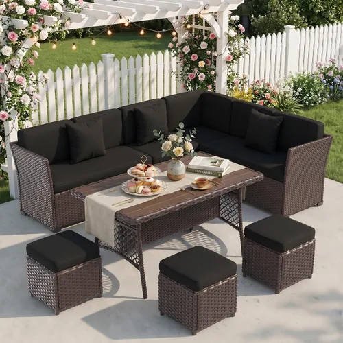 Vista 3 de Juego de muebles de patio, 7 piezas, juego de comedor al aire libre, juego de conversación de ratán para todo tipo de clima, sofá modular de comedor