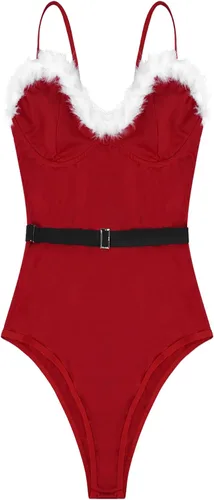 Vista 5 de Lencería de Navidad para mujer, con ribete de encaje, tirantes delgados ajustables, traje de terciopelo