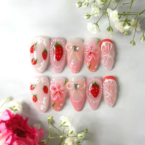 Vista 16 de 24 piezas de uñas postizas de punta francesa a presión, uñas postizas medianas en forma de almendra con diseño de ondas azul oscuro, uñas postizas