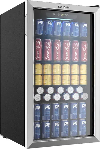 Vista 8 de EUHOMY Refrigerador de bebidas, mini refrigerador para 125 latas con puerta de vidrio para refrescos, cerveza o vino, enfriador de bebidas