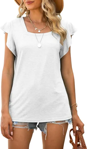 Vista 4 de Micticsi Blusa de cuello cuadrado para mujer, manga corta con volantes, ajuste holgado, túnica de verano