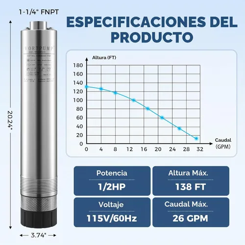 Vista 2 de Bomba sumergible de pozo profundo 1/2HP 4" para drenaje de tanques