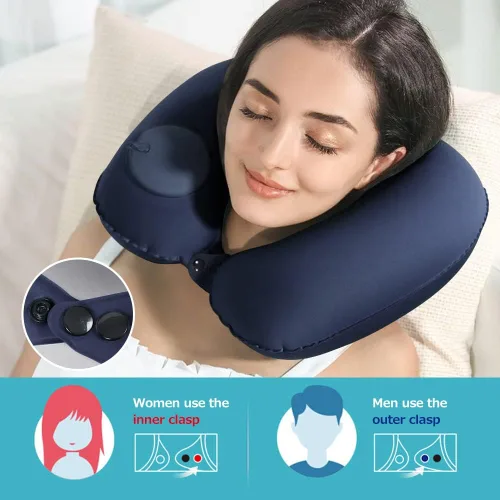 Vista 2 de 2 almohadas inflables de viaje, almohada inflable ajustable para el cuello, almohada inflable portátil en forma de U con máscara de ojos, tapón