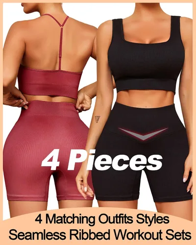 Vista 2 de Conjuntos de entrenamiento para mujer, 4 piezas, sin costuras, brasier deportivo de cintura alta, pantalones cortos para yoga, gimnasio, conjunto