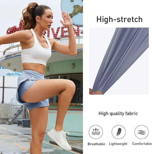 Vista 4 de Acrweg - Pantalones cortos de correr 2 en 1 para mujer, de secado rápido, para entrenamiento, gimnasio, yoga, fitness, con bolsillos, Azul