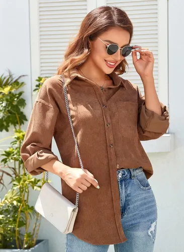 Vista 3 de Camisa de pana para mujer, blusa de gran tamaño, con botones, manga larga, cuello de solapa, camisas para mujer