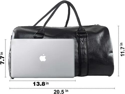 Vista 3 de Bolsa de viaje de cuero con bolsa para zapatos, bolsa impermeable para fin de semana, bolsa de lona de mano para hombres y mujeres, color negro