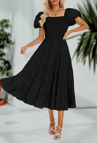 Vista 2 de Funlingo Vestido midi de manga corta abombada para mujer, estilo casual, cuello cuadrado, fruncido, acampanado, escalonado, para verano 2023