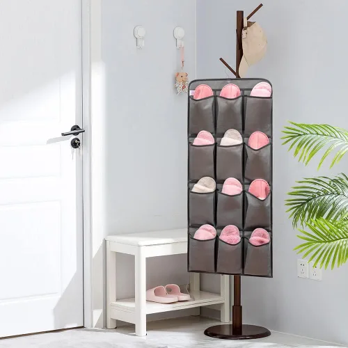 Vista 6 de Organizador de zapatos colgante de doble cara para armario con 24 bolsillos grandes, soporte para zapatos colgante con colgador giratorio (gris)