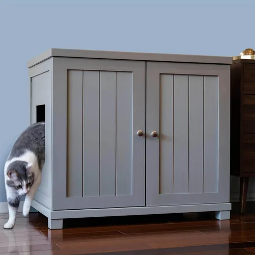 Vista 12 de THE REFINED FELINE Armario de caja de arena para gatos, cabaña, gris humo, pies de mediados de siglo, grande, muebles de arena oculta para gatos