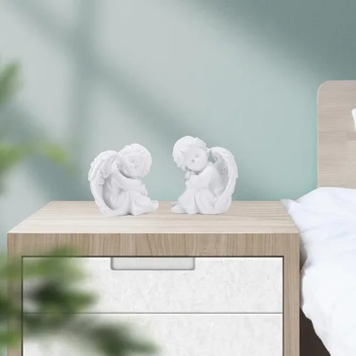 Vista 7 de BRABUD Un par de querubines durmiendo estatua de resina blanco ángulo estatuilla bendiga a las familias decoración del hogar Escultura de querubín