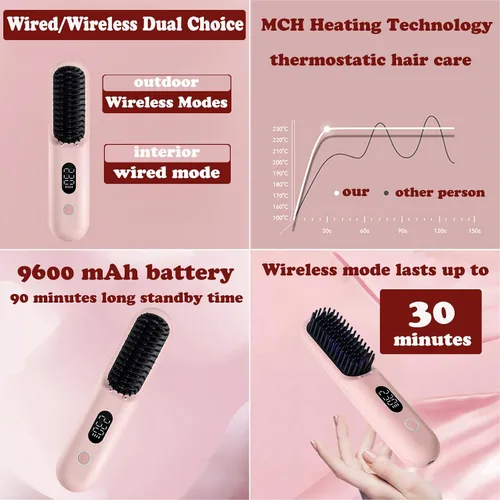 Vista 5 de Porta - Cepillo alisador de pelo inalámbrico, mini cepillo alisador portátil for Travel, Negative Ion Hot Comb Hair Straightener for Women