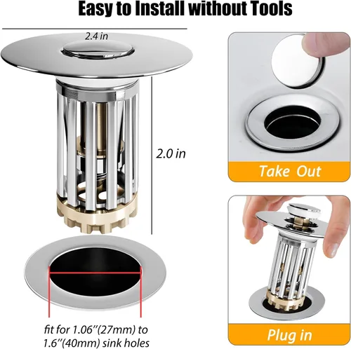 Vista 3 de Anlige Colador de drenaje para lavabo de baño, 2PCS Tapón emergente 3 en 1 para lavabo de baño con cesta de latón extraíble atrapa cabellos, tapón