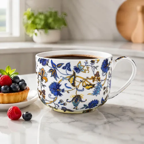 Vista 4 de Tazones de sopa de 25 onzas de porcelana con mangos, taza grande de sopa para café, cereal, avena, café con leche, sopa floral, taza de sopa